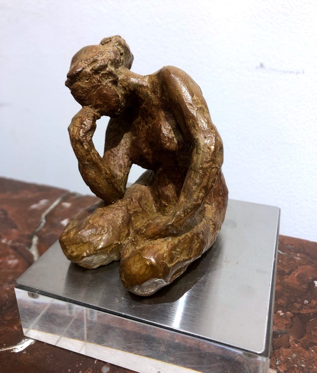 Young Woman Leaning Bronze Sculpture With Brown Patina 