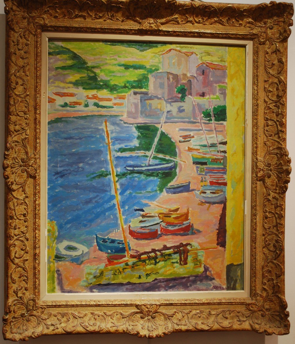 Beautiful Oil On Canvas By Jules Cavaillès (1901-1977) The Port Of Collioure Signed Dated 1946.-photo-3