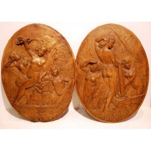 Pair Of Medallion Sculpture In Oak "the Three Graces"