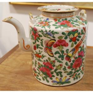 Cantonese Porcelain Teapot With Flower Butterfly And Birds Decor