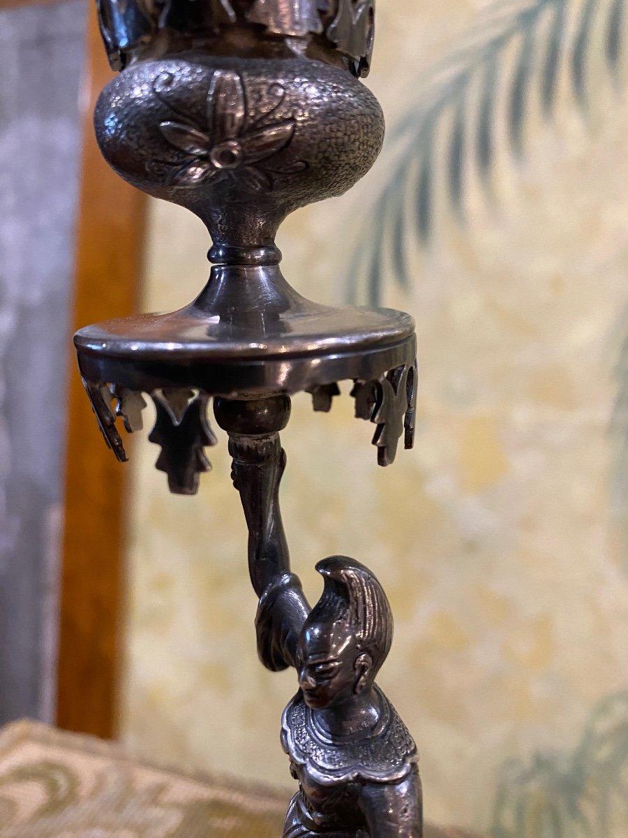 Two Chinese Candlesticks, Silvered Bronze, 19th Century -photo-1