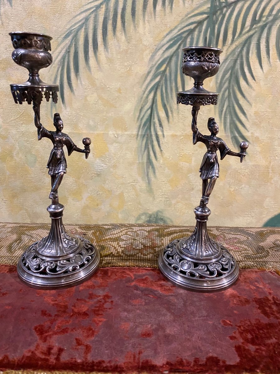 Two Chinese Candlesticks, Silvered Bronze, 19th Century 