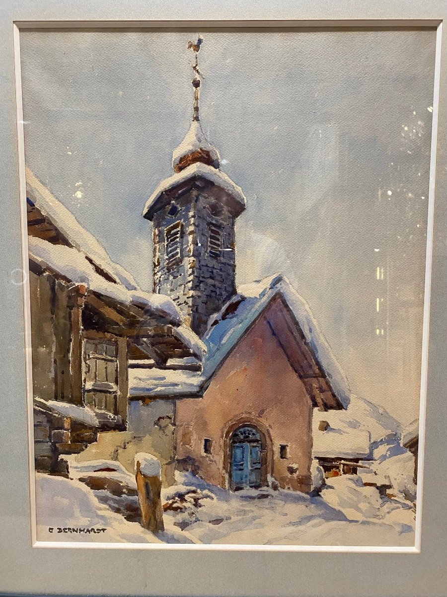 Watercolor, Chapel, Grand Bornand, By E. Bernhardt -photo-2