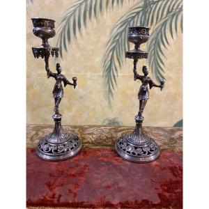 Two Chinese Candlesticks, Silvered Bronze, 19th Century 