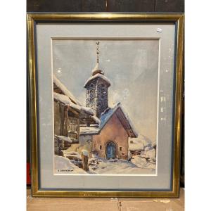 Watercolor, Chapel, Grand Bornand, By E. Bernhardt 