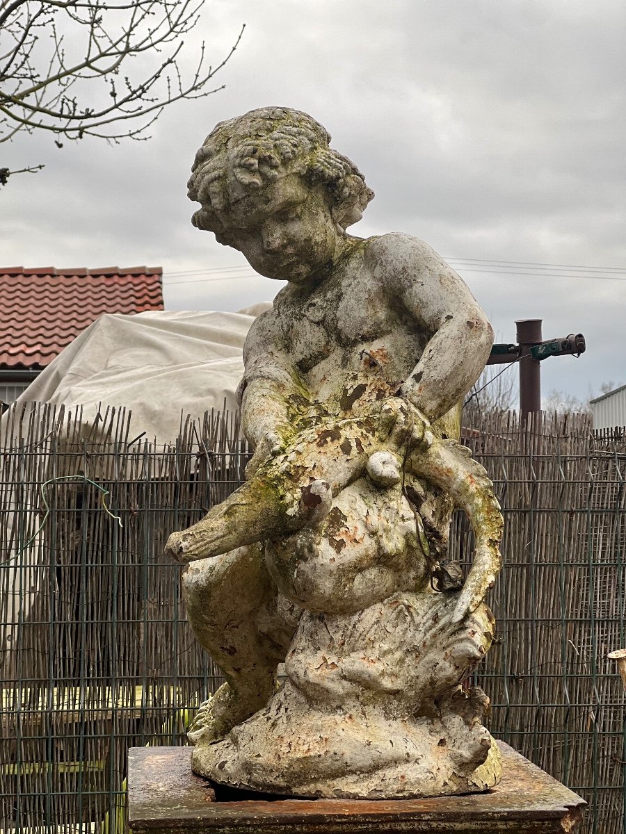 Statue Enfant Au Caïman Fonte XIX Val D’osne