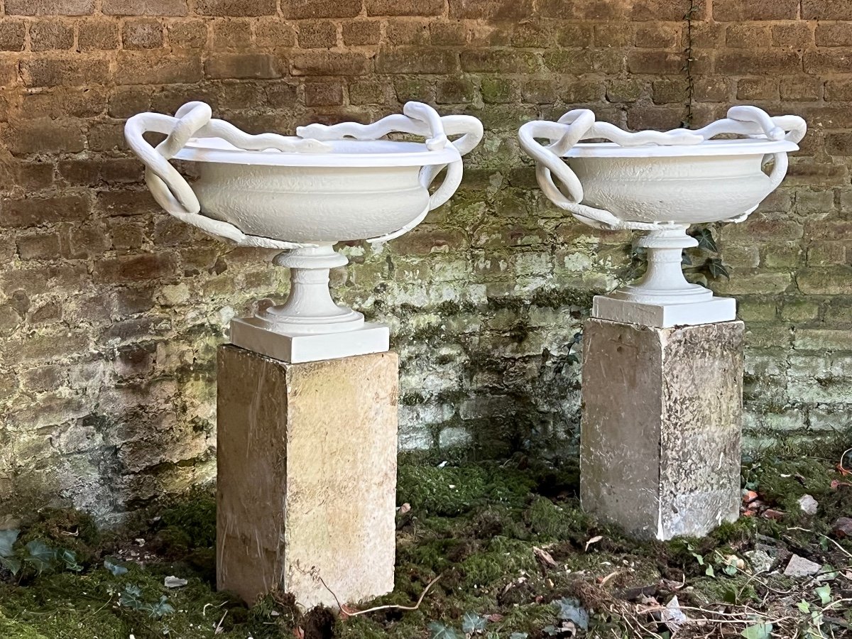 Pair Of XIV Cast Iron Vases With Snake Decor 