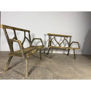 Pair Of Faux Wood Concrete Benches 