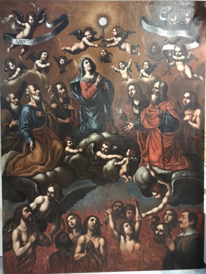 Large Religious Painting With Madonna And Saints.