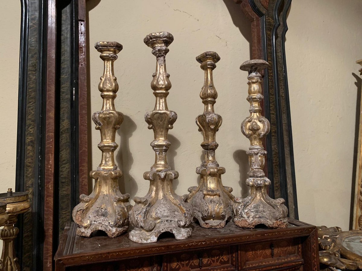 Four Wooden Candlesticks From The Eighteenth Century.-photo-5
