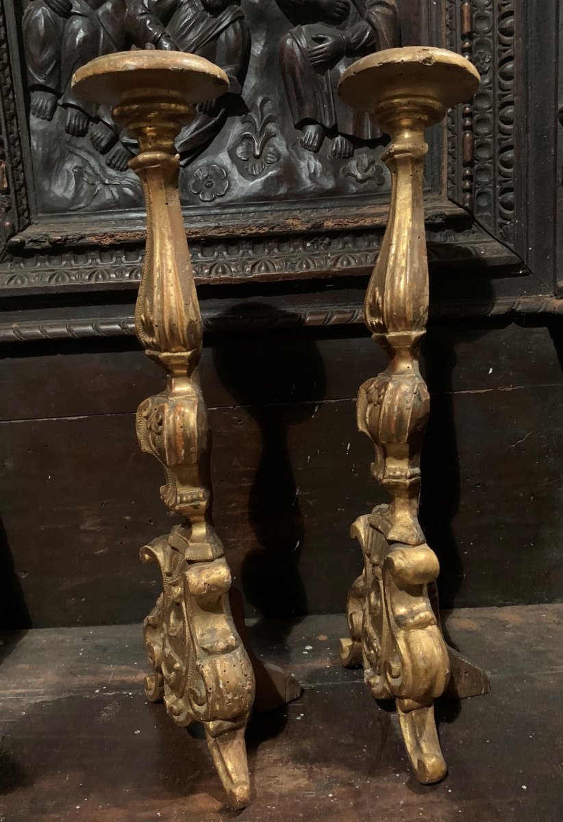 Two Candlesticks In Golden Wood. 18th Century. Toscana. Italy-photo-3