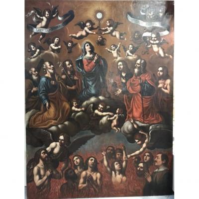 Large Religious Painting With Madonna And Saints.