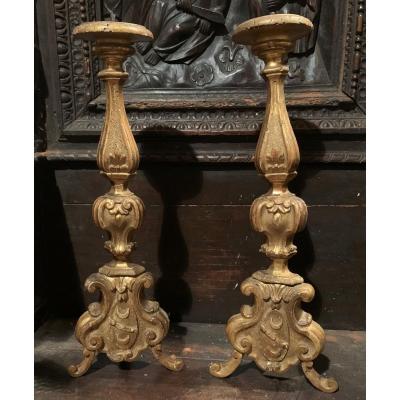 Two Candlesticks In Golden Wood. 18th Century. Toscana. Italy