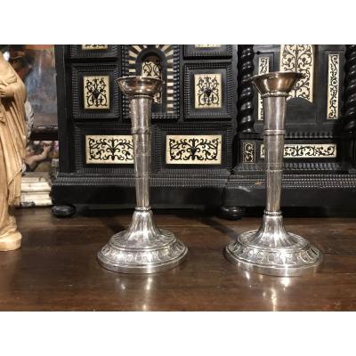 Two Candlesticks In Silver Late Eighteenth Century.