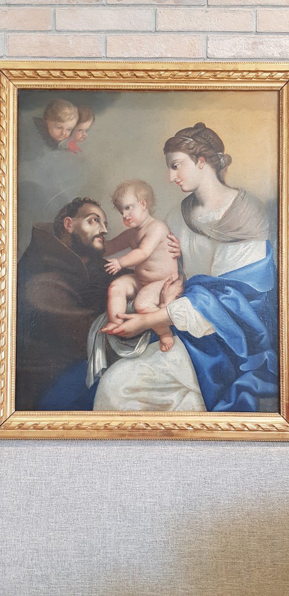 Virgin And Child And Saint Francis, Oil On Canvas, 18th Century-photo-4