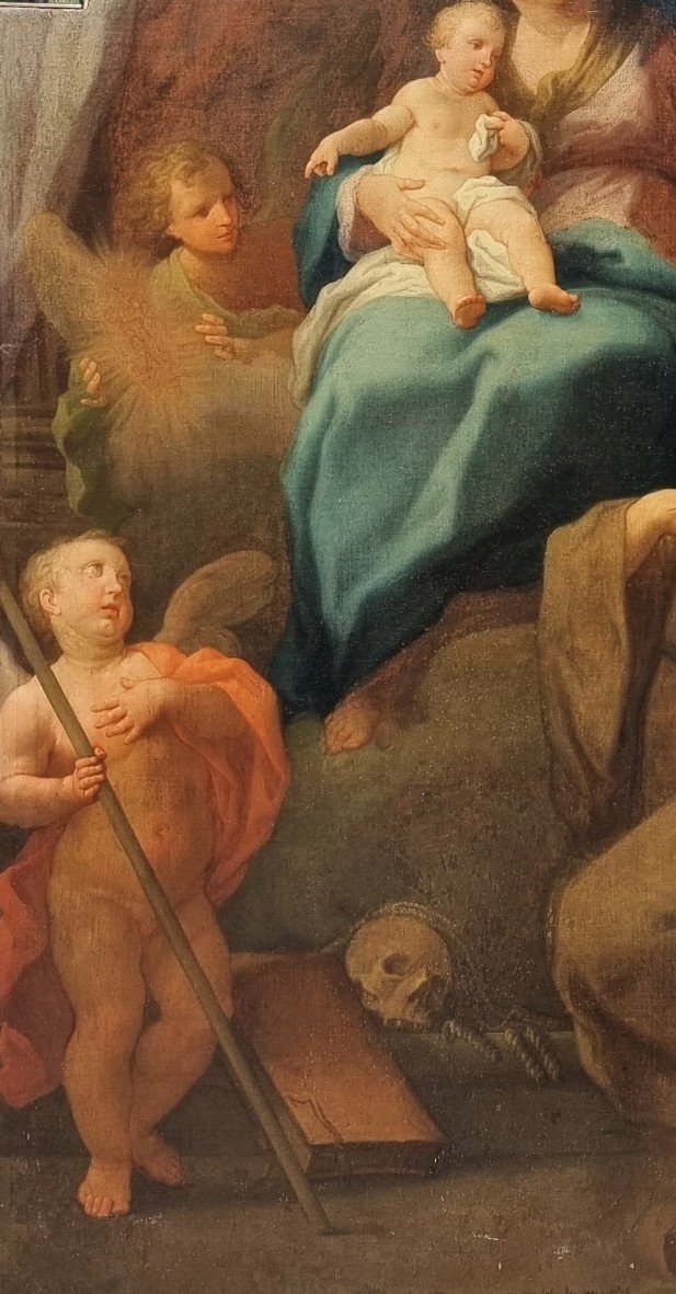 Vierge à l'Enfant Et Saint François, Huile Sur Toile, XVIIIe Siècle, Marcantonio Franceschini-photo-2