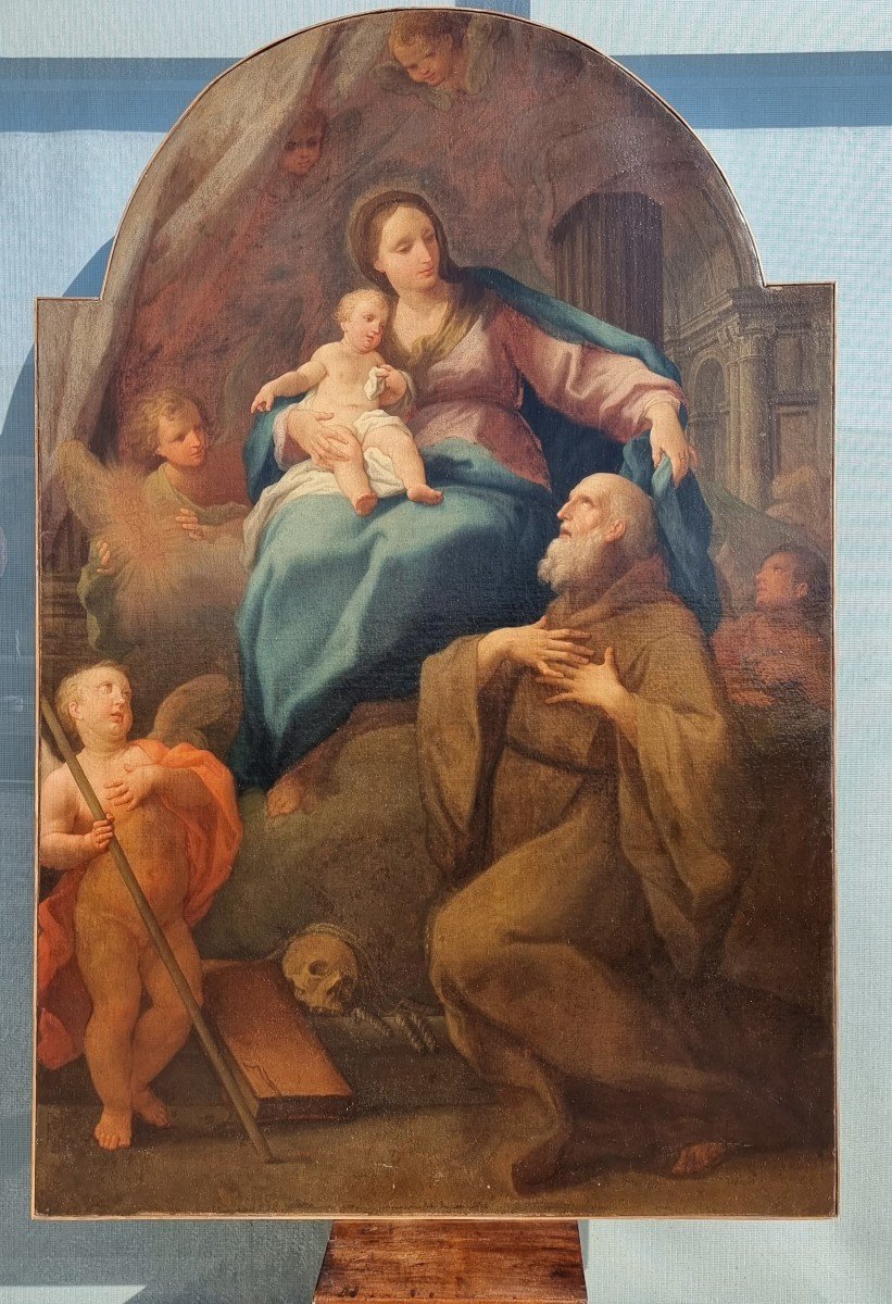 Virgin And Child And Saint Francis, Oil On Canvas, 18th Century, Marcantonio Franceschini