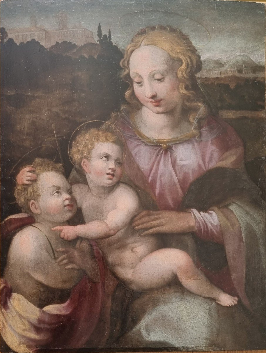 Virgin And Child And Saint John, Oil On Panel, 16th Century-photo-3