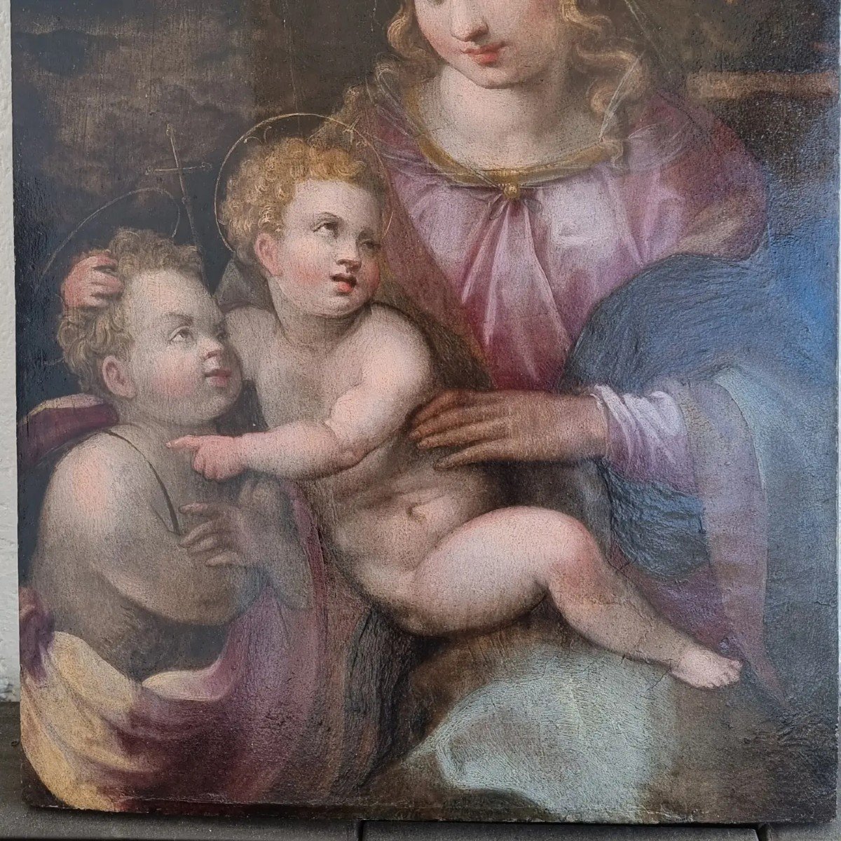 Virgin And Child And Saint John, Oil On Panel, 16th Century-photo-3