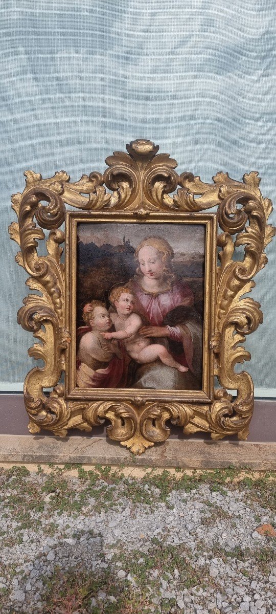 Virgin And Child And Saint John, Oil On Panel, 16th Century