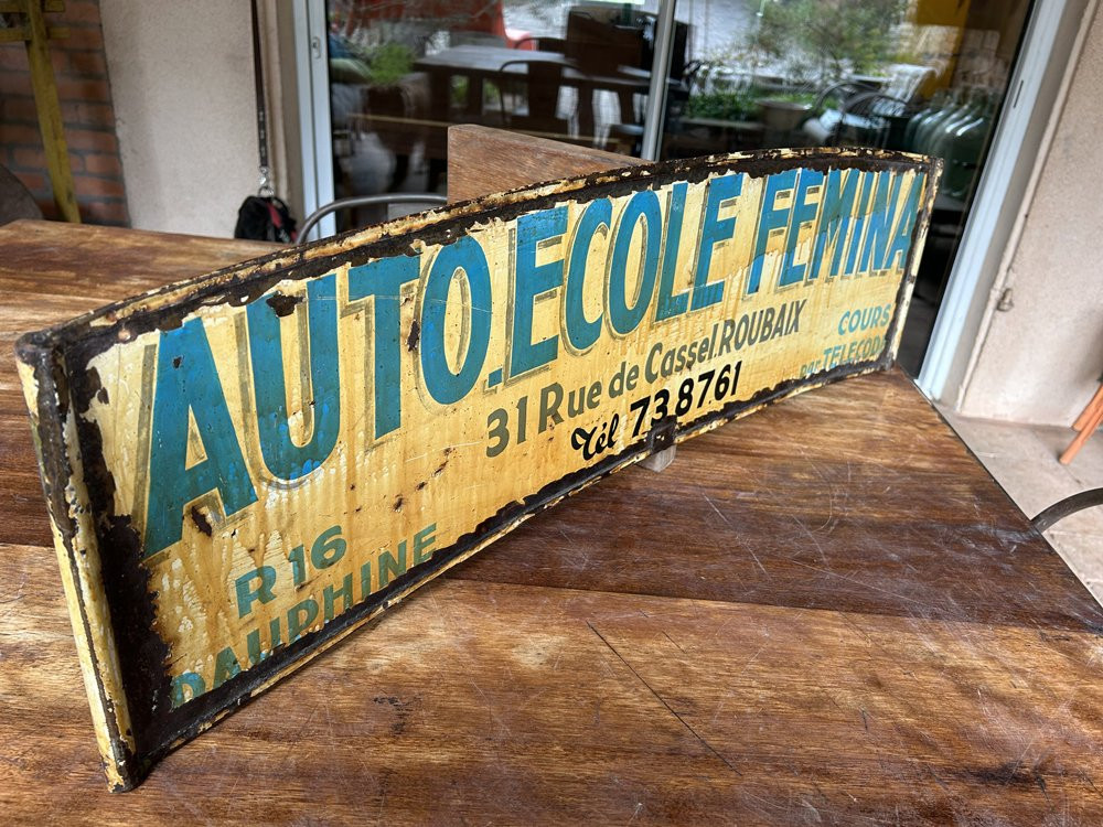 Painted Metal Plate, Front And Back "driving School" 1960 -photo-2