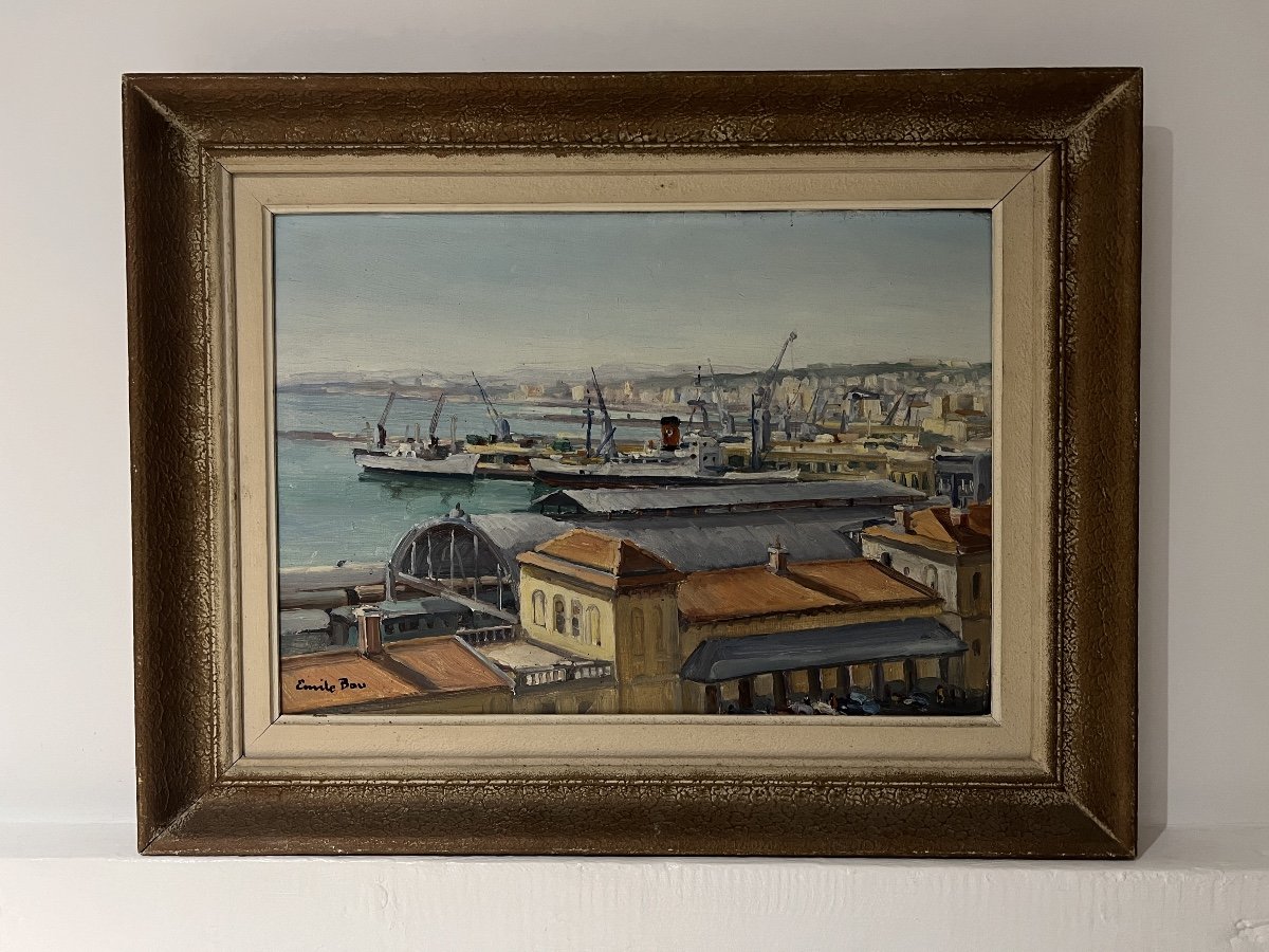 Orientalist Painting Emile Bou (1908-1989) Port And Bay Of Algiers Algeria -photo-1