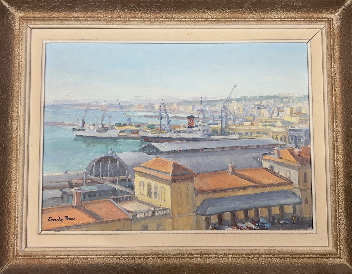 Orientalist Painting Emile Bou (1908-1989) Port And Bay Of Algiers Algeria 