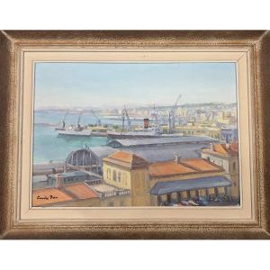 Orientalist Painting Emile Bou (1908-1989) Port And Bay Of Algiers Algeria 