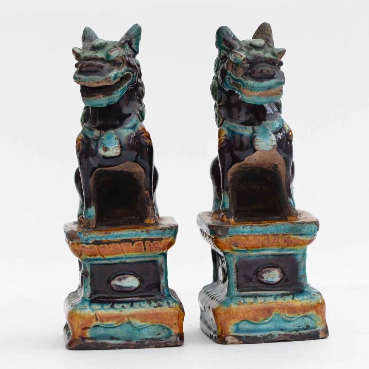 A Pair Of Chinese Fahua-glazed Pottery 'temple Guardian' Joss Stick Holders Late Ming Dynasty-photo-3