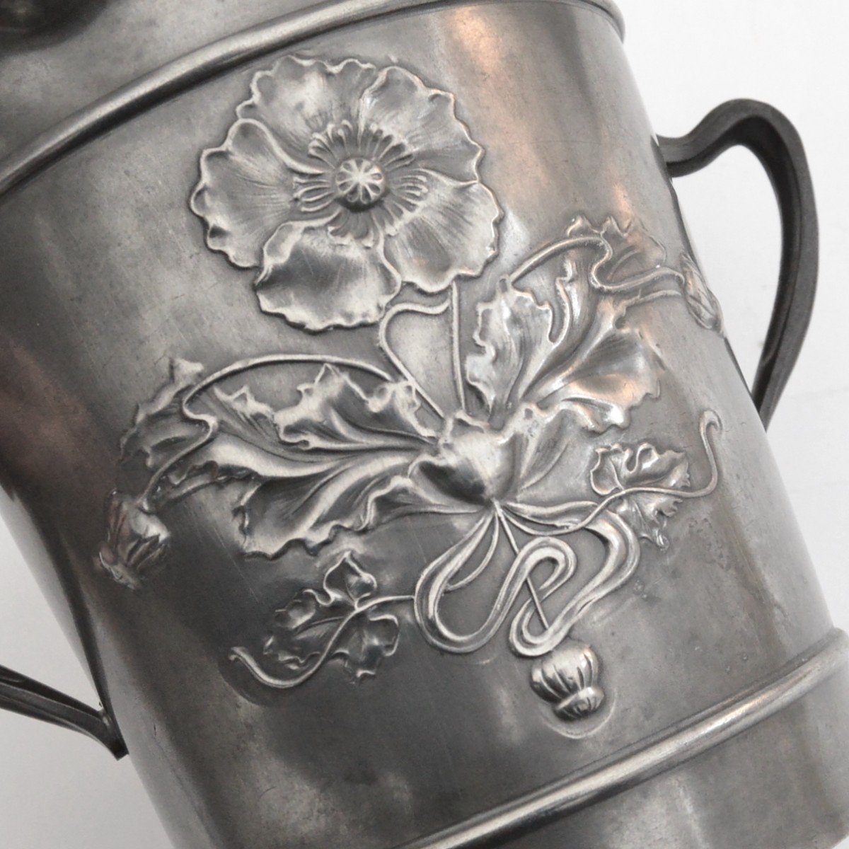 Art Nouveau Champagne Bucket With Poppies Pewter Circa 1900-photo-3