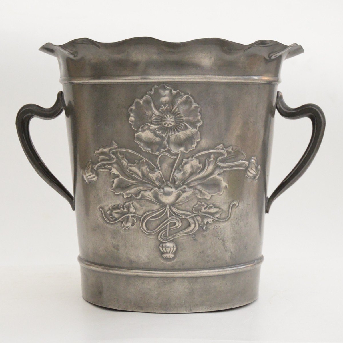 Art Nouveau Champagne Bucket With Poppies Pewter Circa 1900