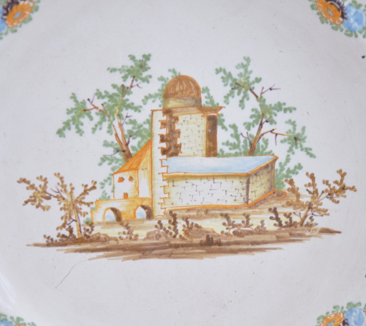 Polychrome Earthenware Plate With  Architectural Decoration 18th Century-photo-3