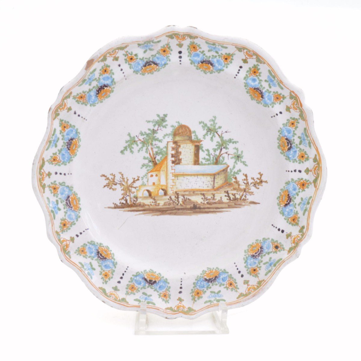 Polychrome Earthenware Plate With  Architectural Decoration 18th Century