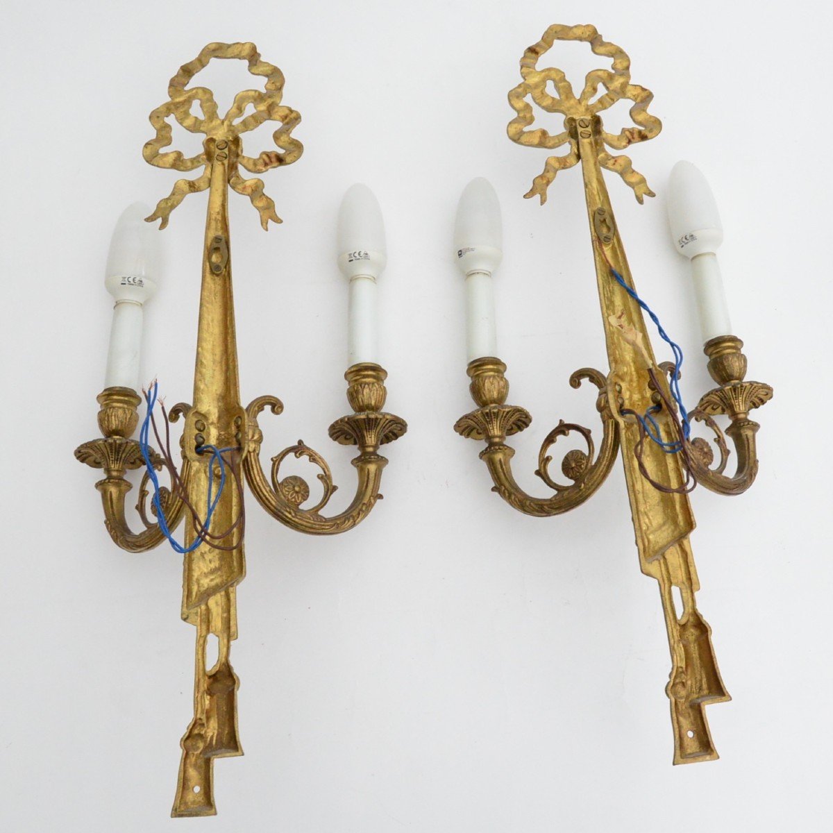 Pair Of Louis XVI Style Gilt Metal Sconces With Two Lights 20th Century-photo-3