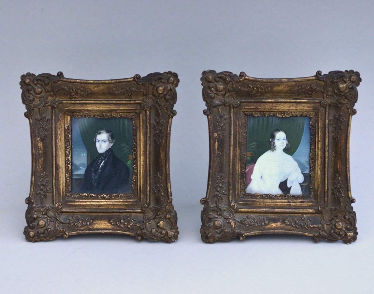 Pair Of Miniature Portraits On Ivory XIXth 1820 Monogram At