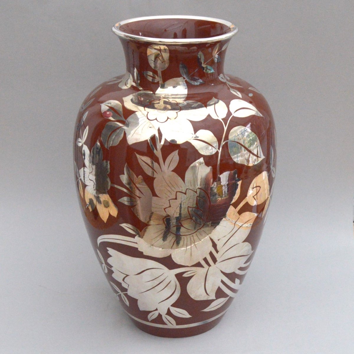 Richard Ginori Large Ceramic Baluster Vase With Silver Floral Applied Decoration Circa 1930-photo-2