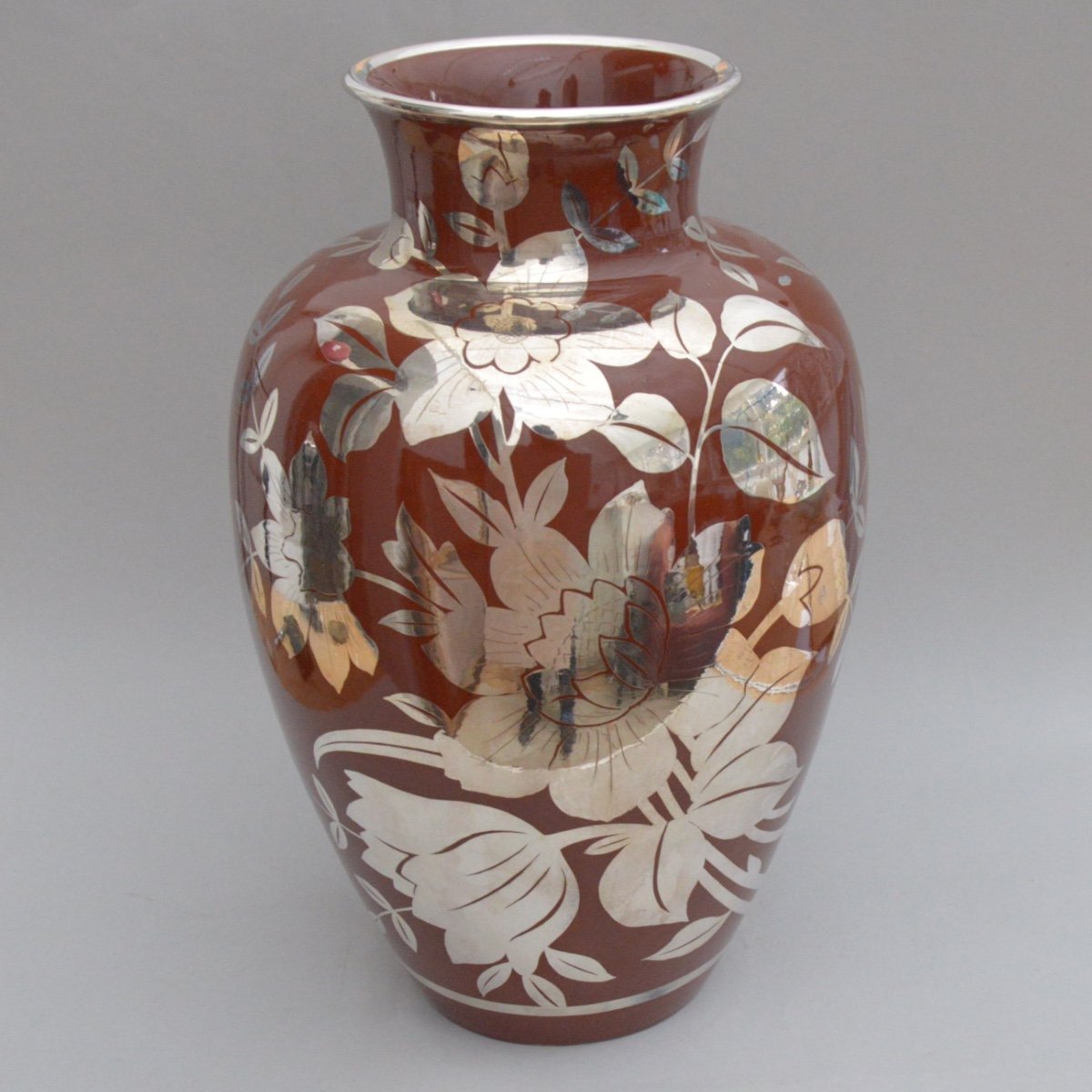 Richard Ginori Large Ceramic Baluster Vase With Silver Floral Applied Decoration Circa 1930-photo-3