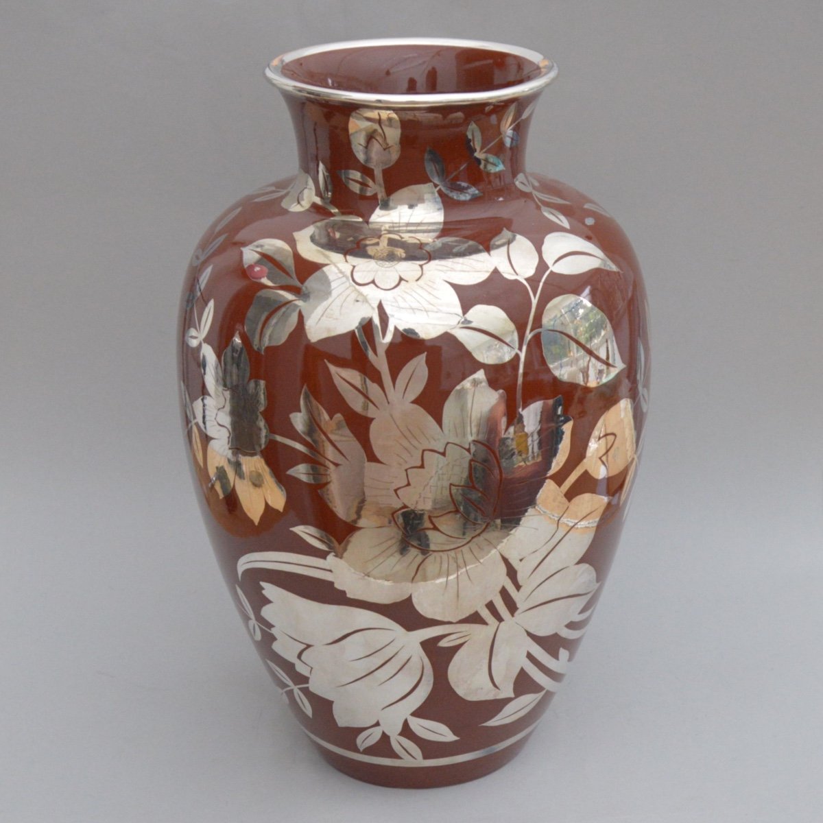 Richard Ginori Large Ceramic Baluster Vase With Silver Floral Applied Decoration Circa 1930-photo-4