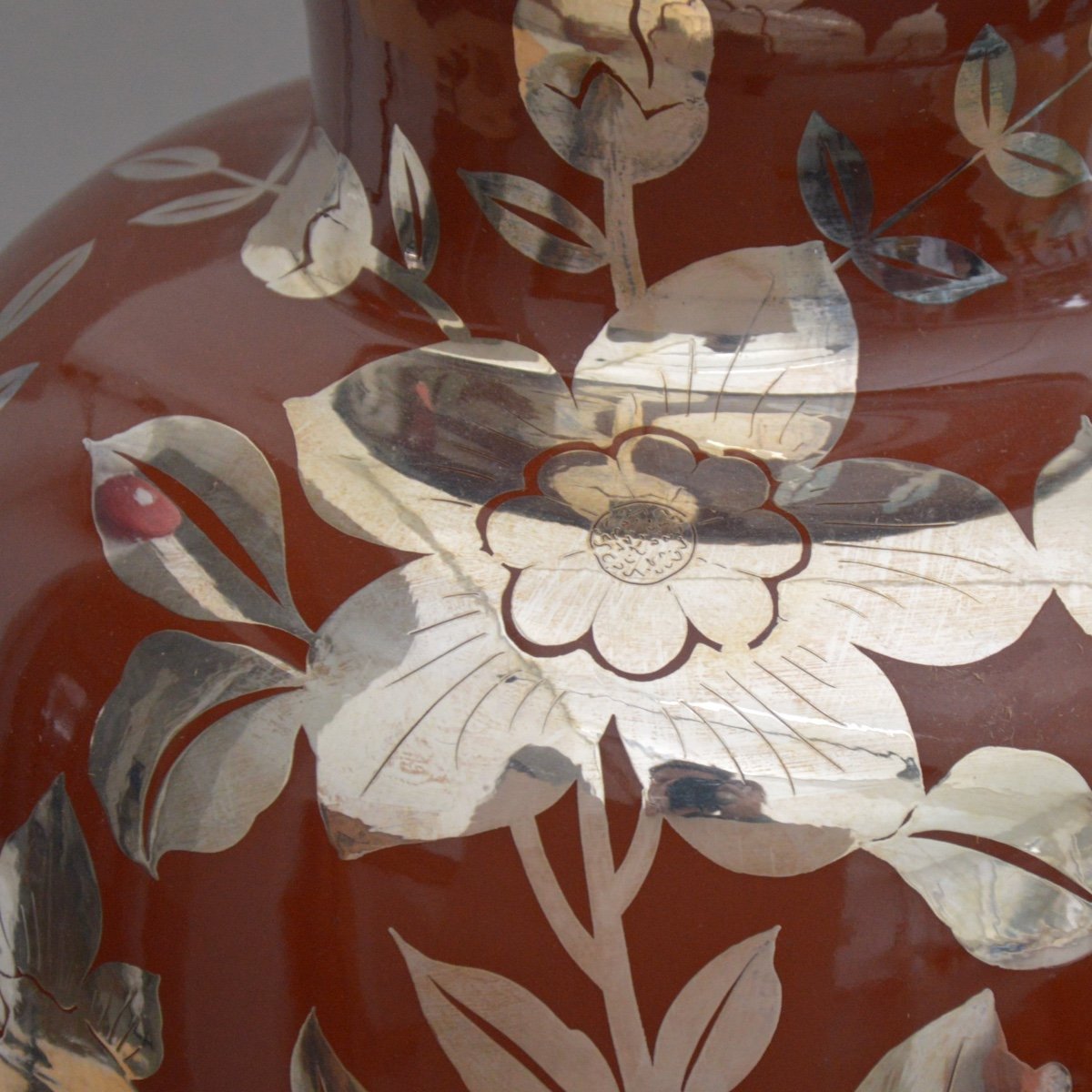 Richard Ginori Large Ceramic Baluster Vase With Silver Floral Applied Decoration Circa 1930-photo-2