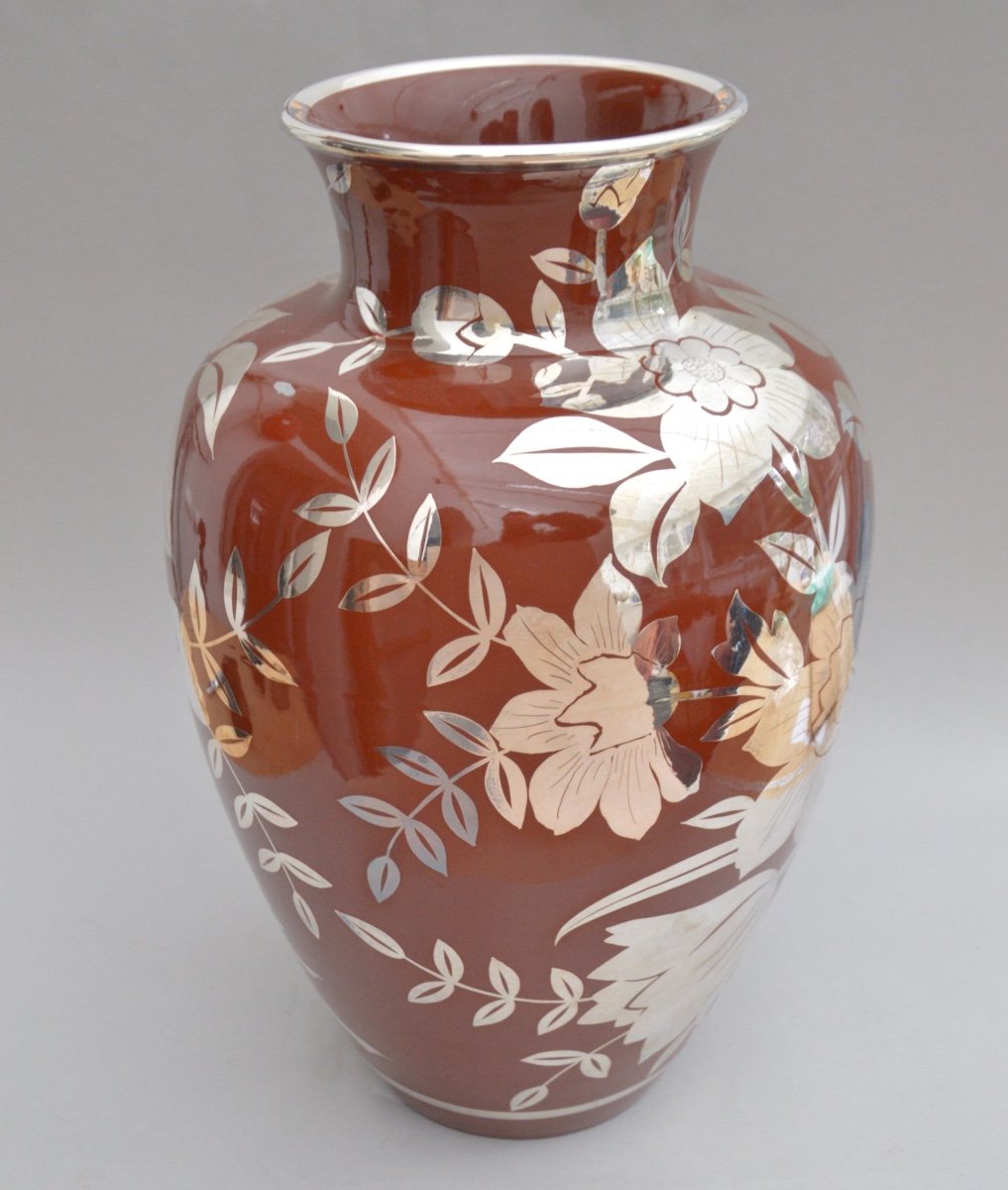 Richard Ginori Large Ceramic Baluster Vase With Silver Floral Applied Decoration Circa 1930-photo-4