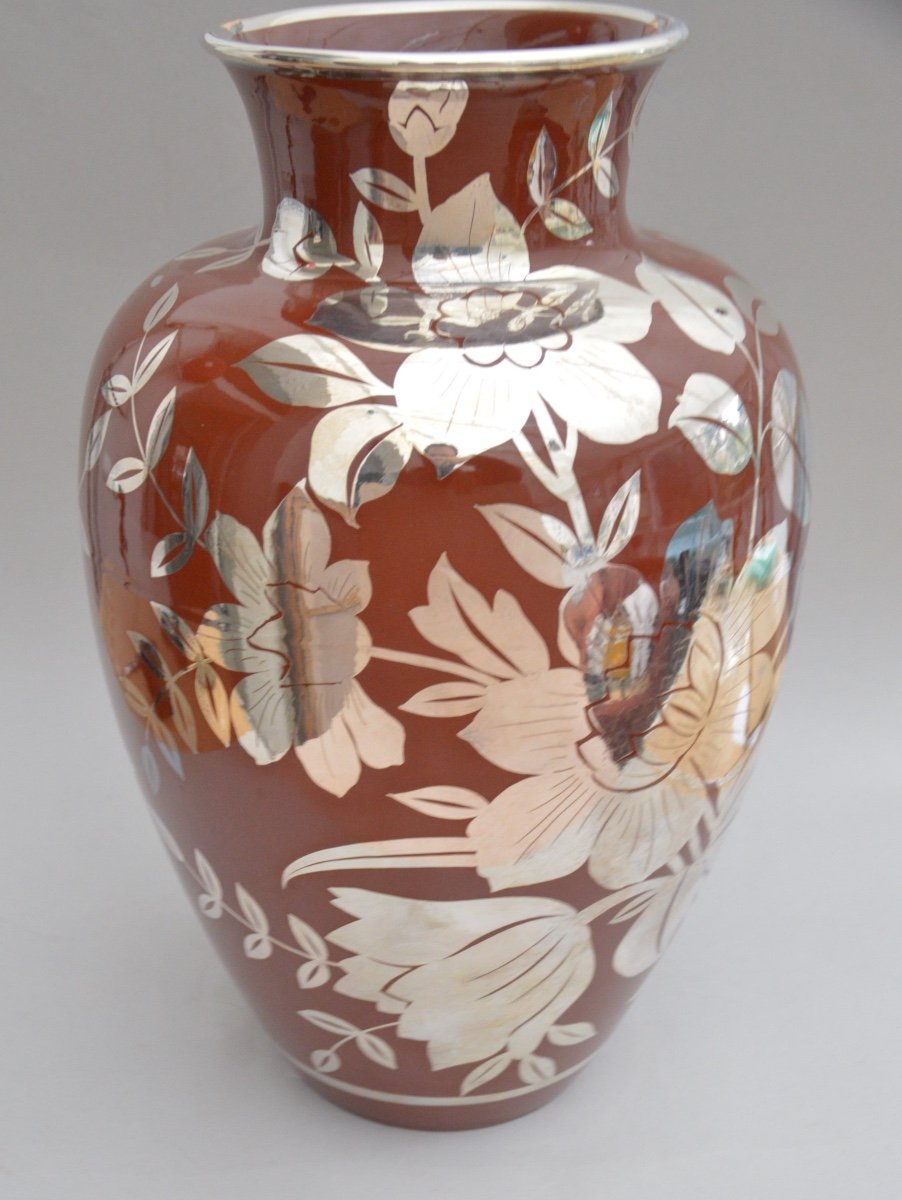 Richard Ginori Large Ceramic Baluster Vase With Silver Floral Applied Decoration Circa 1930-photo-5