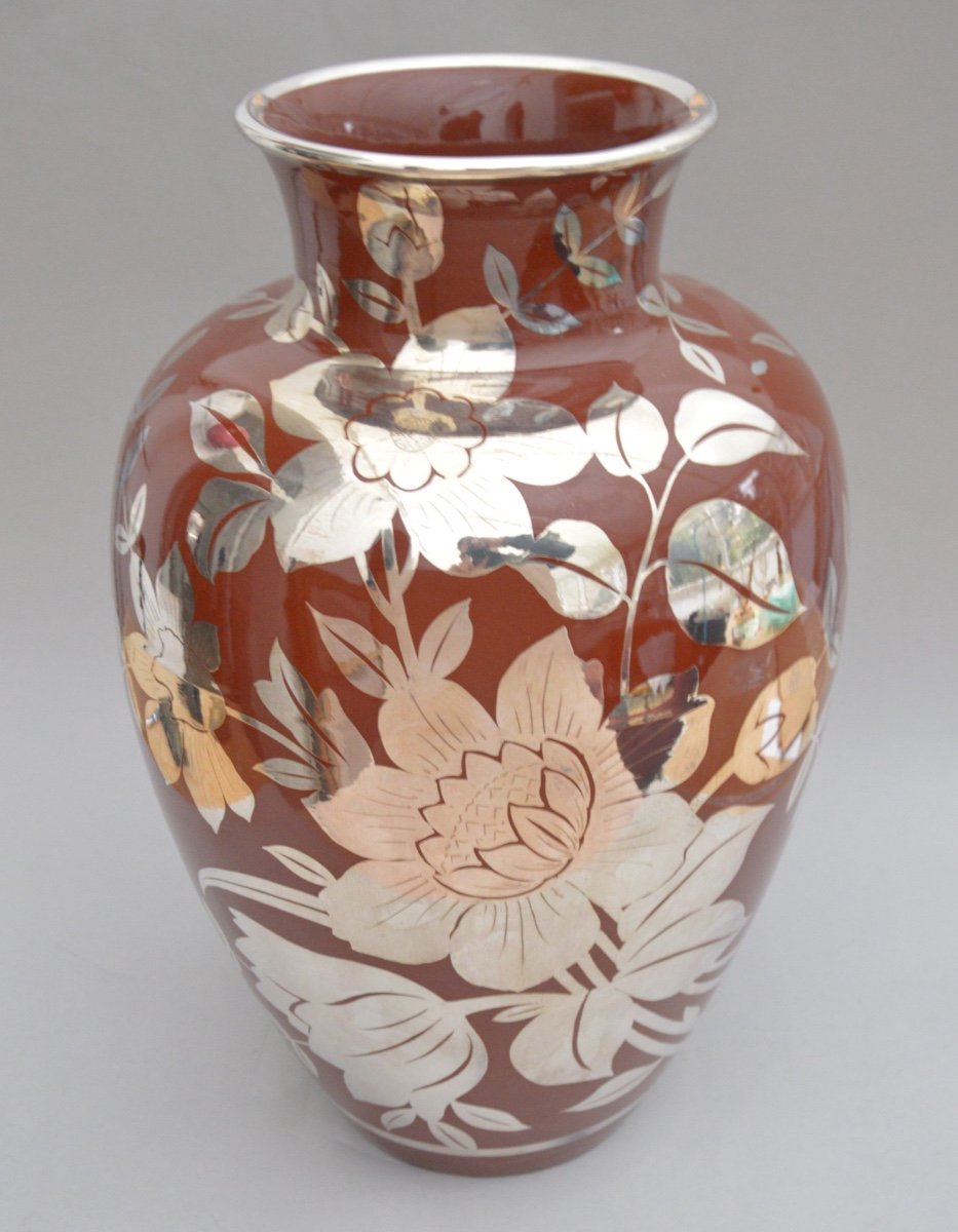 Richard Ginori Large Ceramic Baluster Vase With Silver Floral Applied Decoration Circa 1930