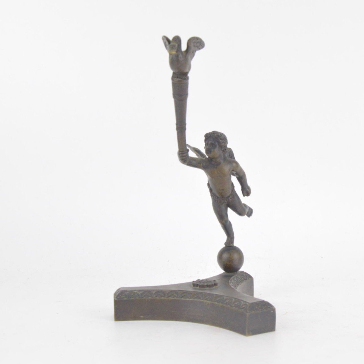 Bronze Watch Holder With Brown Patina In The Shape Of A Putto Holding Stick With A Goose 19th C-photo-2