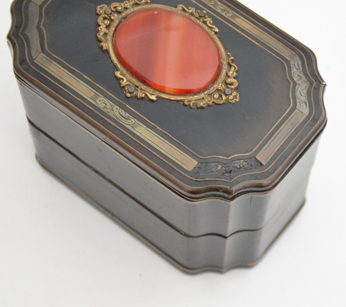 Napoleon III Scent Cellar Blackened Wood Brass Inlay Decorated With A Carnelian Plate-photo-2