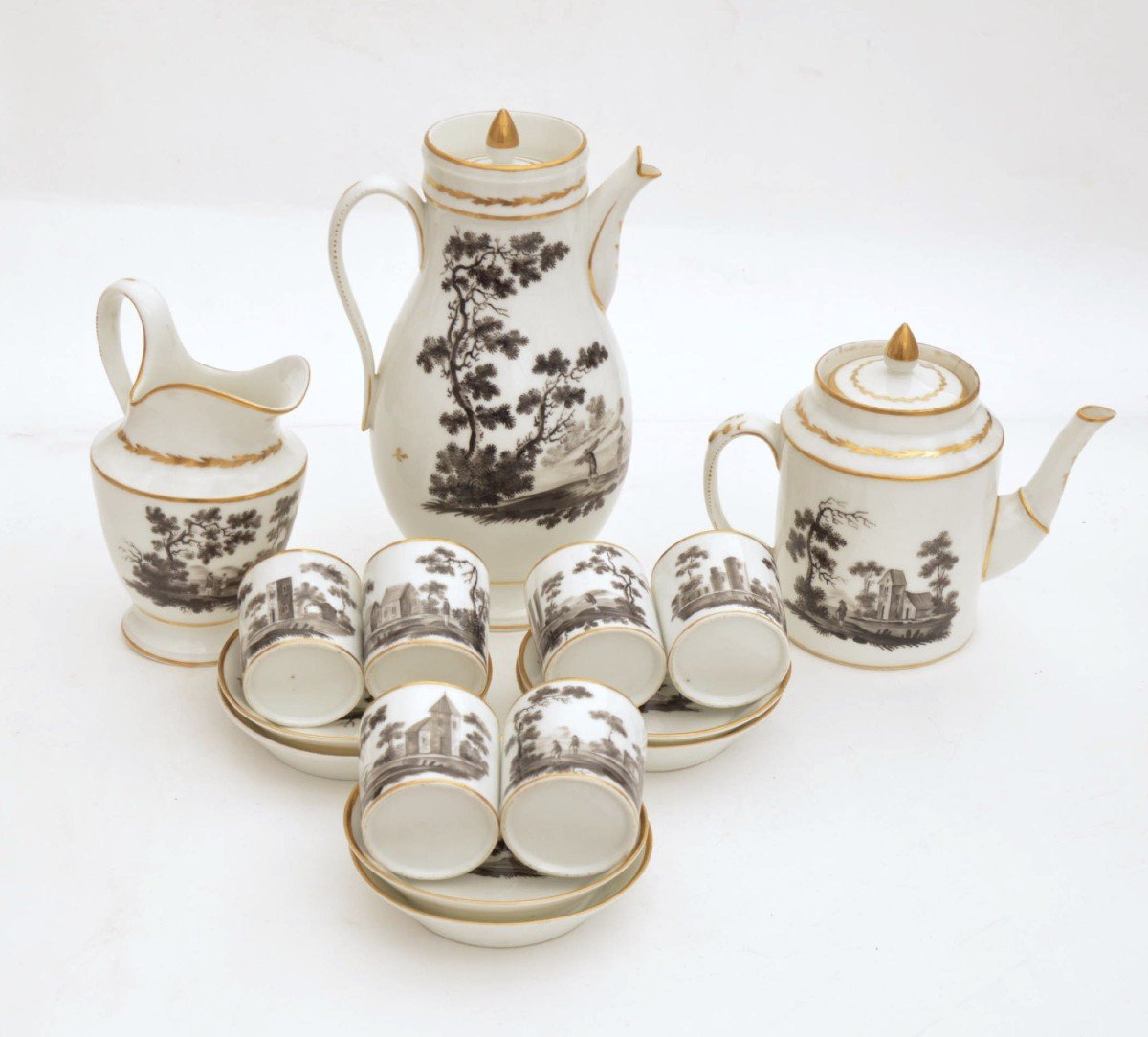 Brussels Porcelain Tea And Coffee Service Painted In Grisaille And Enhanced With Gold XIXth C