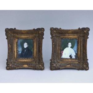 Pair Of Miniature Portraits On Ivory XIXth 1820 Monogram At