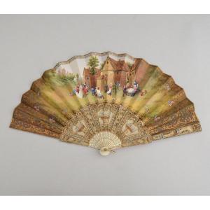  Fan Decorated With A Picturesque Genre Scene Monogrammed 19th Century 