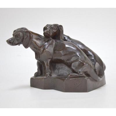 Patinated Bronze Sculpture Couple Of Dachshunds 1939 Signed