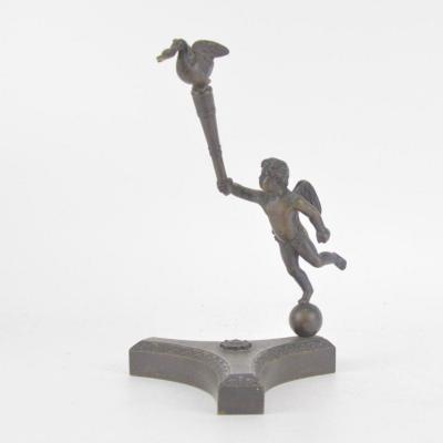 Bronze Watch Holder With Brown Patina In The Shape Of A Putto Holding Stick With A Goose 19th C
