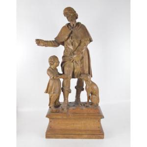 Carved Wooden Group Saint Roch With Child And Dog XVII/xviii Century